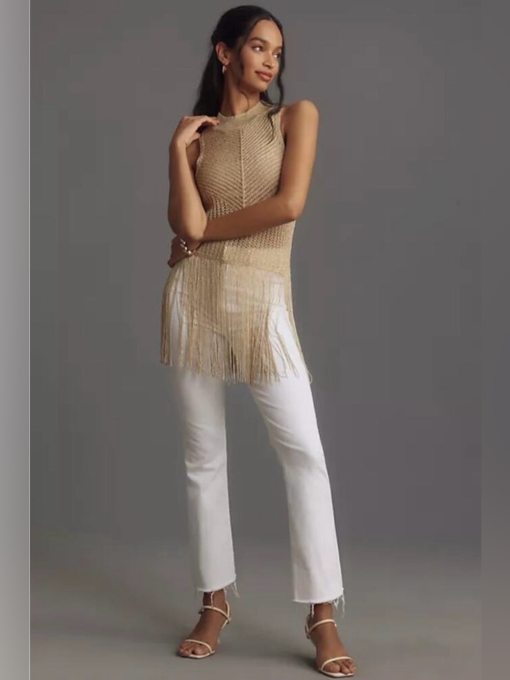 Anthropologie Lurex Fringe Sweater Vest Gold Tank Top Open Knit XL Festival